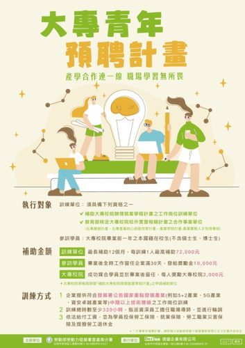 通傳：勞動部勞動力發展署雲嘉南分署鼓勵在校青年學子把握機會參訓「大專青年預聘計畫」，提前讓卡位進入重點產業實習聘僱，訓後留任達30日，還可領取1萬元的留任獎勵金。