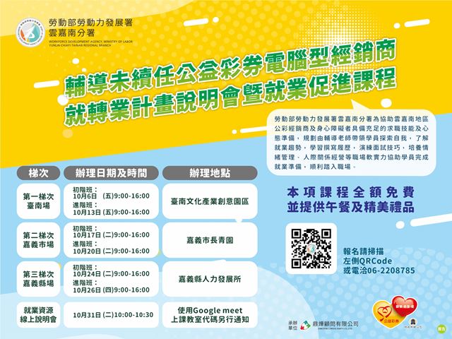 通傳：勞動部雲嘉南分署為協助未續任公彩經銷商提升就業力，於10月份辦理3梯次就業前團體課程。