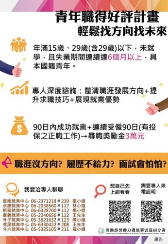 通傳_青年職得好評計畫歡迎15至29歲未在學且失業達6個月以上的青年運用，詳情請洽勞動部雲嘉南分署各就業中心諮詢窗口。