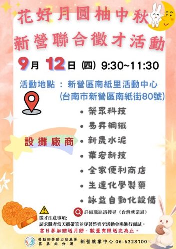 圖說一：新營就業中心特於9月10日上午9時30分至11時30分，於新營區南紙里活動中心舉辦「花好月圓柚中秋」聯合徵才活動，集結了7家廠商190個職缺。