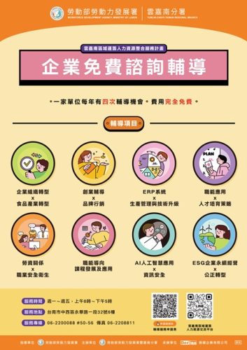 通傳-雲嘉南分署企業輔導顧問團諮詢輔導項目包括產、銷、人、發、財、資等問題，歡迎有需求的企業電洽(06)2200088轉50-56