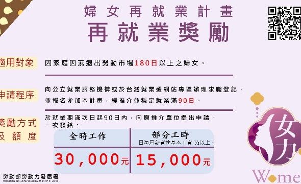 通槁圖2-勞動部推出「婦女再就業計畫」，鼓勵因家庭因素離開職場婦女重回職場舞台，提供再就業獎勵。