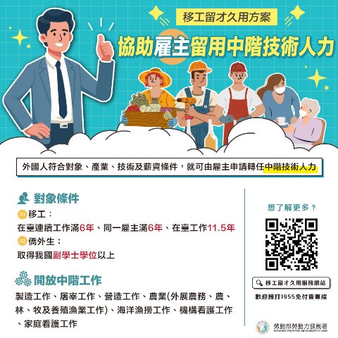 通傳-「移工留才久用方案」是針對在台工作連續滿6年以上且符合技術條件的資深移工，轉任其為外國中階技術人力