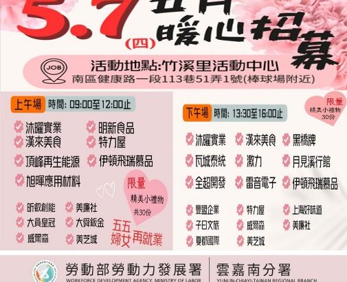 圖一：台南就業中心5月7日上午、下午場徵才，請找工作的朋友踴躍參加面試。