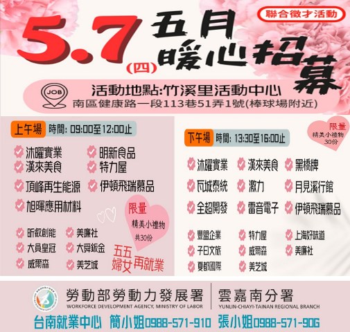 圖一：台南就業中心5月7日上午、下午場徵才，請找工作的朋友踴躍參加面試。