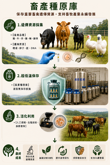 圖1.畜產種原庫透過遺傳資源採集、超低溫凍存與活化利用，保存畜禽生命種子，維護生物多樣性，提升畜牧產業面對氣候變遷的韌性。