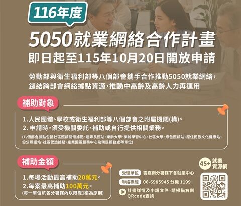 打造熟齡就業支持網絡，116年度「5050就業網絡合作計畫」8月3日起開放申請